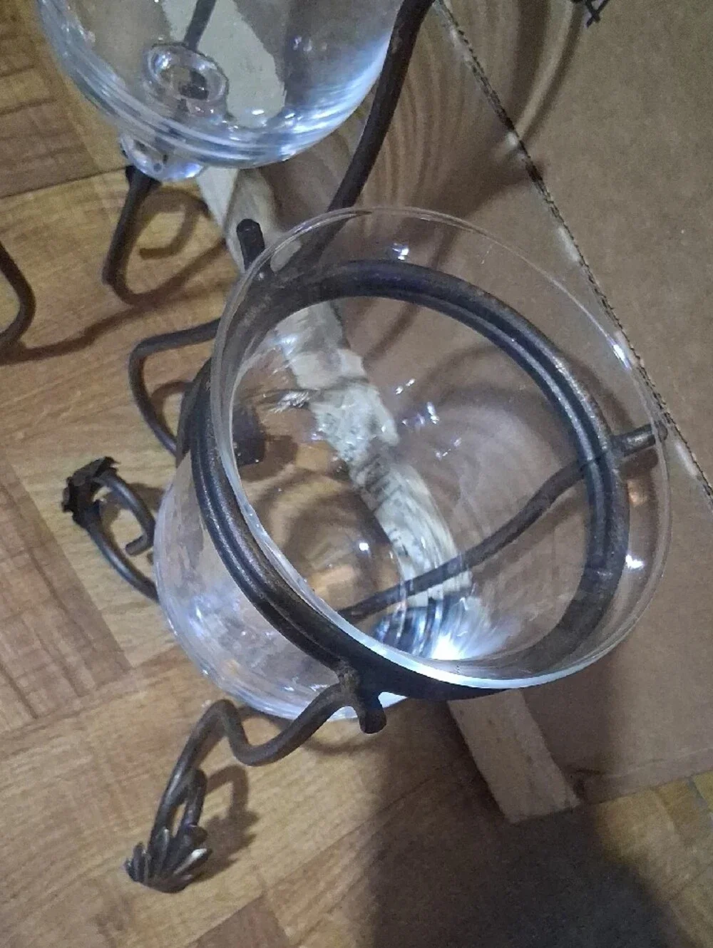 Glass Candle Holders with Metal Scroll Stands - Brown Finish